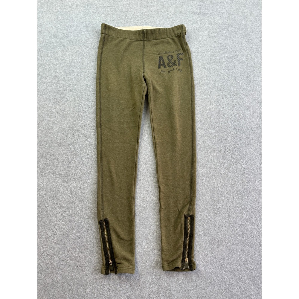 Abercrombie & Fitch Olive Green Logo Leggings Ankle Zip XS Heathered Fleece
